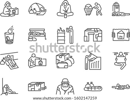 Homeless line icon set. Included icons as poor, empty, homelessness, living on the streets, trash, abandon and more. Royalty-Free Stock Photo #1602147259