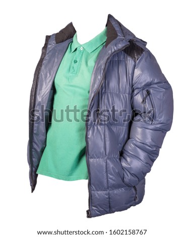 men's green t-shirt and blue jacket isolated on white background.casual clothing
