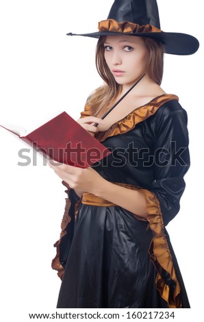Witch with wand and book isolated on white