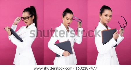 Collage Group pack Portrait of Asian Business Woman wear White Formal Blazzer Suit glasses, chat and work on tablet, studio lighting Pink background isolated, Lawyer Boss act posing look 360 around