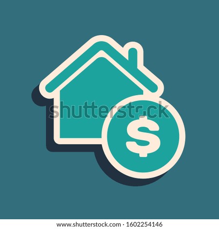 Green House with dollar symbol icon isolated on blue background. Home and money. Real estate concept. Long shadow style. 