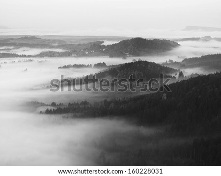 Full moon night with sunrise in a beautiful mountain of Bohemian-Saxony Switzerland. Sandstone peaks and hills increased from foggy background. First sun rays. Black and White photo. 
