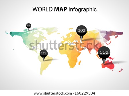 Vector abstract 3d world map, pins. Australia, asia africa usa. Globe world map vector concept icon