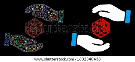Flare mesh hands throw dice icon with glow effect. Abstract illuminated model of hands throw dice. Shiny wire frame polygonal mesh hands throw dice icon. Vector abstraction on a black background.