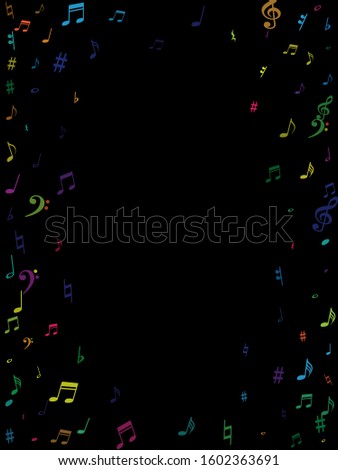 Color flying musical notes isolated on white background. Fun musical notation symphony signs, notes for sound and tune music. Vector symbols for melody recording, prints and back layers.