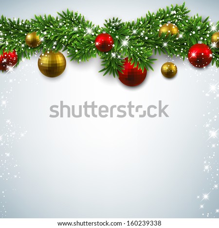 Christmas background with fir twigs and colorful balls. Vector illustration. 