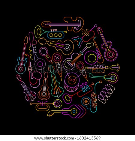 Neon colors isolated on a black background Musical Instruments and Microphones round shape vector design. A bunch of music instrument icons.