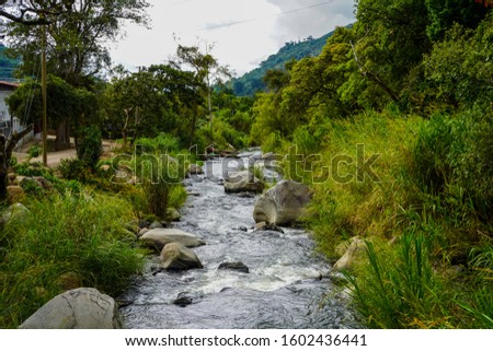 Beautiful river crossing the green fields in the mountain 