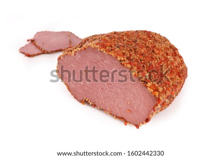 Beef ham in herbs. Traditional sausage products white white background.