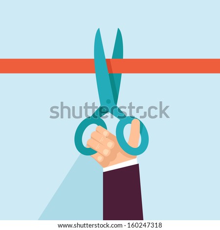 Vector concept in flat retro style - hand holding scissors and cutting red ribbon