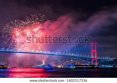 ISTANBUL, TURKEY. New Year 2020 Celebrations Around the Istanbul. Fireworks with Istanbul Bosphorus Bridge (15th July Martyrs Bridge). 
