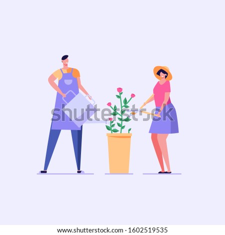 Romantic man and woman water and care for the rose flower. Happy icouple with skissors works in garden. Concept of garden tools, gardening family, plants growing. Vector illustration in flat design