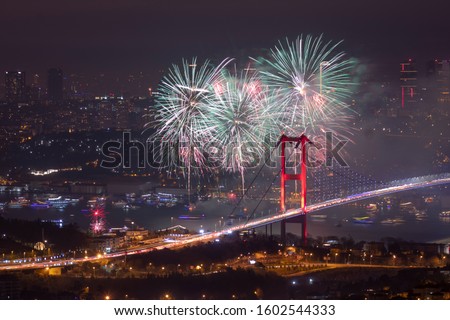 ISTANBUL, TURKEY. New Year 2020 Celebrations Around the Istanbul. Fireworks with Istanbul Bosphorus Bridge (15th July Martyrs Bridge). Camlica Hill very nice view Uskudar, Istanbul when time 00:00