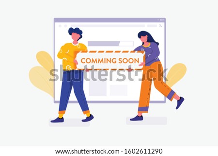 We're comming soon concept with character. Can use for web banner, mobile app, hero images. Flat vector illustration on white background. Royalty-Free Stock Photo #1602611290