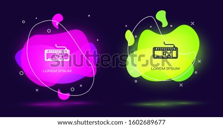 Line Computer keyboard icon isolated on black background. PC component sign. Abstract banner with liquid shapes. Vector Illustration