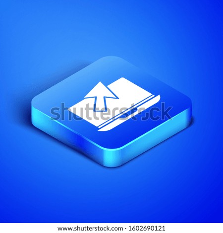 Isometric Laptop and cursor icon isolated on blue background. Computer notebook with empty screen sign. Blue square button. Vector Illustration