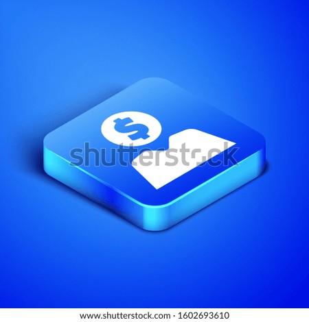 Isometric Business man planning mind icon isolated on blue background. Human head with dollar. Idea to earn money. Business investment growth. Blue square button. Vector Illustration