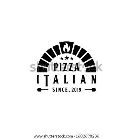 Firewood brick oven with shovel a, pizza logo design vector