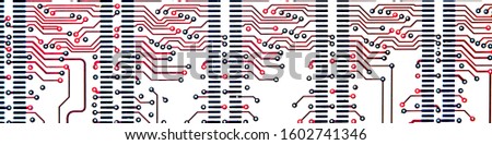 Inverted microcircuit photo. Motherboard. Electronic circuit on a white background. Image for website design.