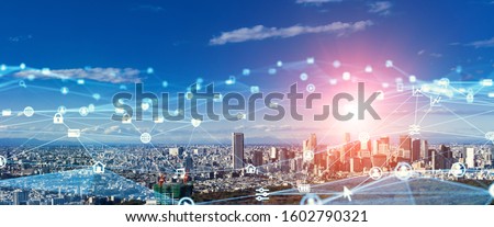 Smart city and communication network concept. 5G. LPWA (Low Power Wide Area). Wireless communication. Royalty-Free Stock Photo #1602790321