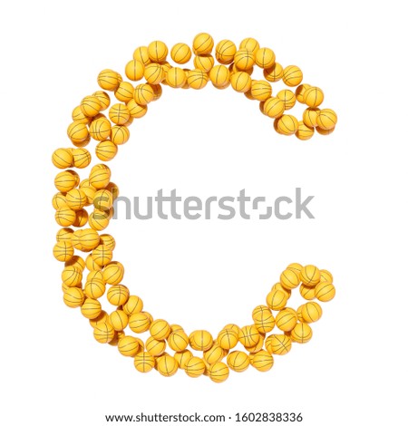 Basketballs forming the letter C. This typography is is 3d rendered and presented on a white background.