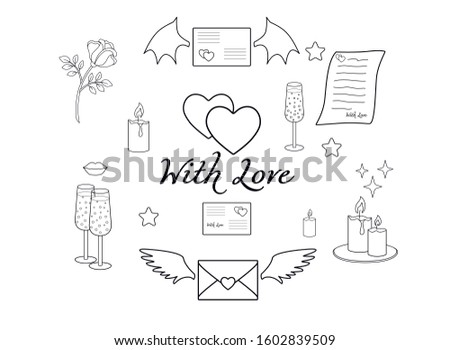 Set of attributes of Valentine's Day "With love." Love letters, notes and valentines, as well as glasses, hearts and a rose in a set. Romantic candles and kisses - linear vector elements. Outline.