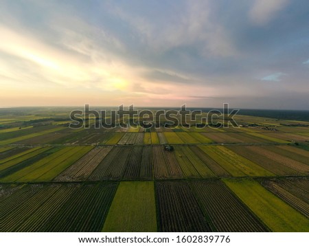 Beautiful aerial view of paddy field during sunrise with dramatic cloudy sky. Low light