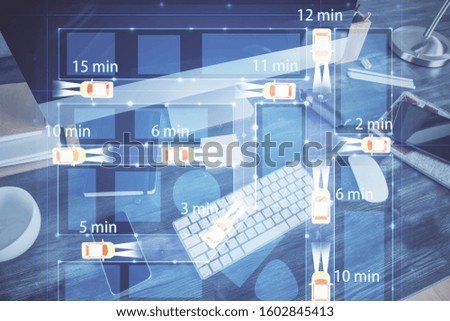 Desktop computer background in office with automobile hologram drawing. Multi exposure. Tech concept.