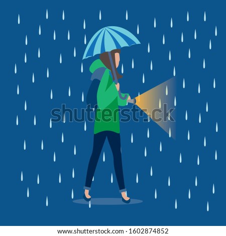 Woman various weather. Girl walking outdoors in different clothes snowfall cloudy wind heat rain with umbrella cold season vector.