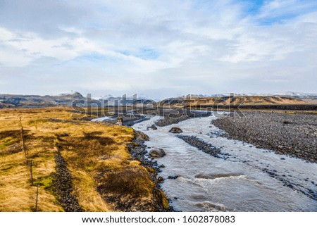 Panoramic picture over impressive and empty landscape in southern Iceland in winter during daytime