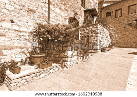 Courtyard with old buildings in the medieval italian town. Entrance to the tuscan home decorated with flowers in Italy. Vintage Style Sepia photo
