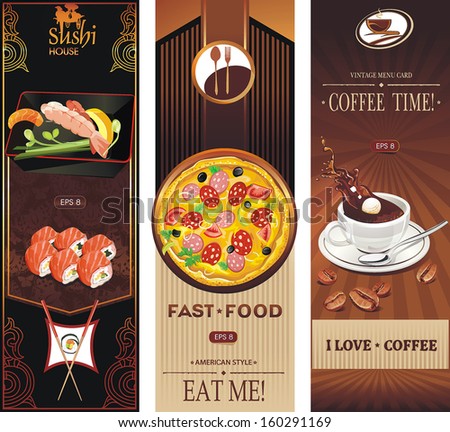 Label vector with coffee cup, pizza, ice cream and sushi. Vector illustration