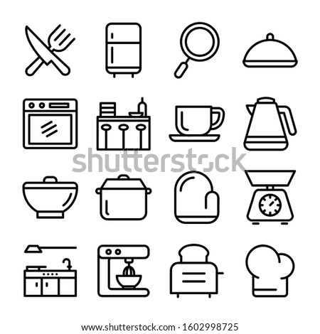Cooking line icons vector. Boiling time, Frying pan and Kitchen utensils. Fork, spoon and knife line icons. Recipe book, chef hat and cutting board. Cooking book, frying time, hot pan.