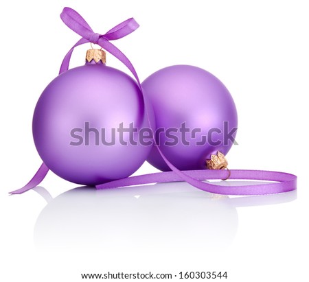 Two purple Christmas Bauble with ribbon bow Isolated on white background