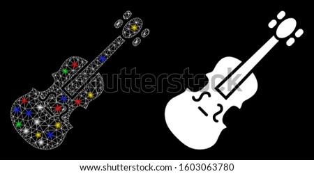 Bright mesh violin icon with sparkle effect. Abstract illuminated model of violin. Shiny wire carcass polygonal mesh violin icon. Vector abstraction on a black background.