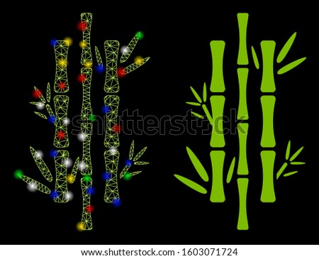 Glowing mesh bamboo icon with lightspot effect. Abstract illuminated model of bamboo. Shiny wire carcass triangular mesh bamboo icon. Vector abstraction on a black background.