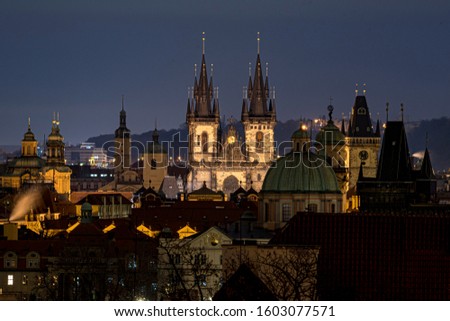 Panorama of Prague towers (Tyn Cathedral) at night