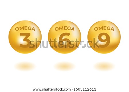 Omega 3, 6, 9 acids drops gold icon. Polyunsaturated fatty. Nutrition skin care design and