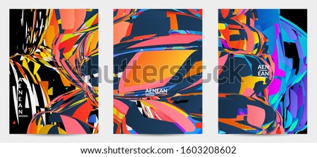 Abstract flyer template with bright colored random small particle explosion. Sport music social media layout. Optical art dynamic background with outer space motion. Futuristic vector.