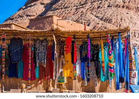 Textile shop on the street of the old city of Ait-Ben-Haddou, Morocco