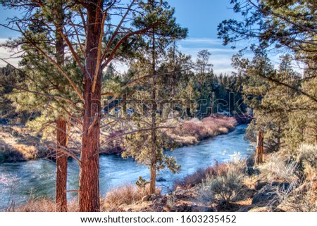A view of the Deschutes River at Tumalo State Park in Bend, Oregon. Royalty-Free Stock Photo #1603235452