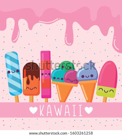 ice creams and popsicles cartoons design, Kawaii expression cute character funny and emoticon theme Vector illustration