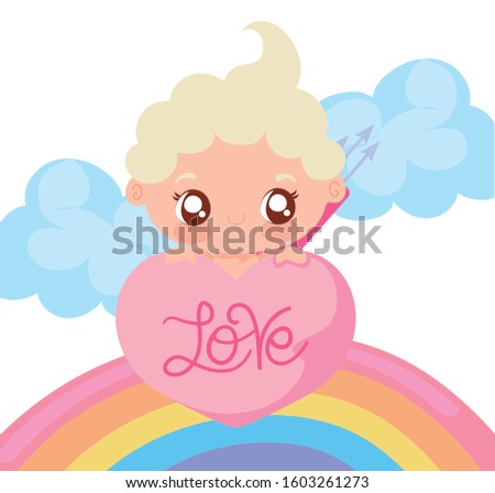 Baby cupid cartoon and rainbow design of love passion romantic valentines day wedding decoration and marriage theme Vector illustration
