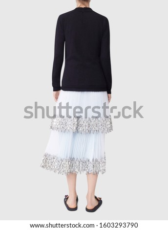 white Cotton Silk Printed A-Line Dress with black t-shirt on white background..