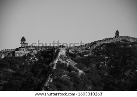 Fortification wall  post of Amer Fort In Monochrome Film.
This Fort is situated on Aravali Mountain range in Rajasthan.
It was built late 18th century and currently a major attraction of tourist.
