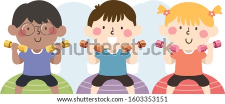 Illustration of Kids Doing Strength Training on an Exercise Ball Using Dumbbells
