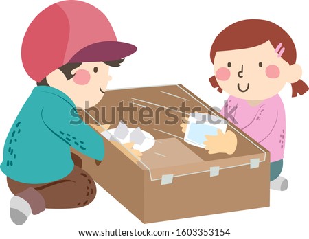 Illustration of Kids Playing with a DIY Astronaut Glove Box Holding Water and Rocks Inside