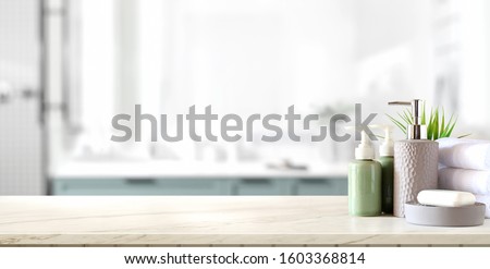 Close-up view of spa accessories on the table with spa in the background  Royalty-Free Stock Photo #1603368814