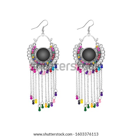 Astounding Colorful Design Isolated Earrings Elegant Looking Ethnic Traditional Crescent Shape With Mirror & Chains Stylish Silver Dangle Earring Jewellery For Women And Girls