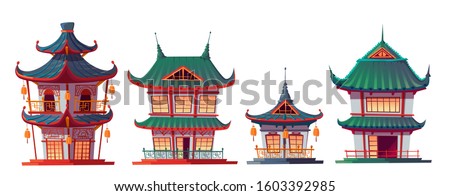 Chinese house building cartoon vector illustration. Traditional China or Japan architecture, characteristic city buildings, pagoda, religious temple or palace, isolated on white background Royalty-Free Stock Photo #1603392985